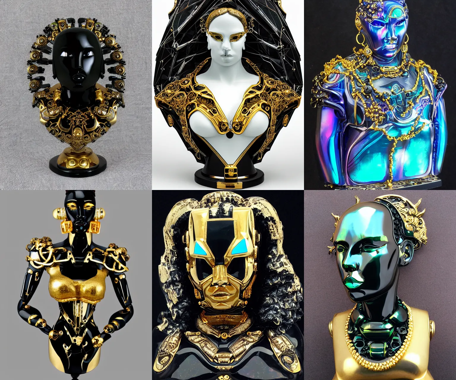 Prompt: iridescent onyx and gold bust of angry futuristic obese cyborg young black galactic empress, organic cyborg, intricate, ornate