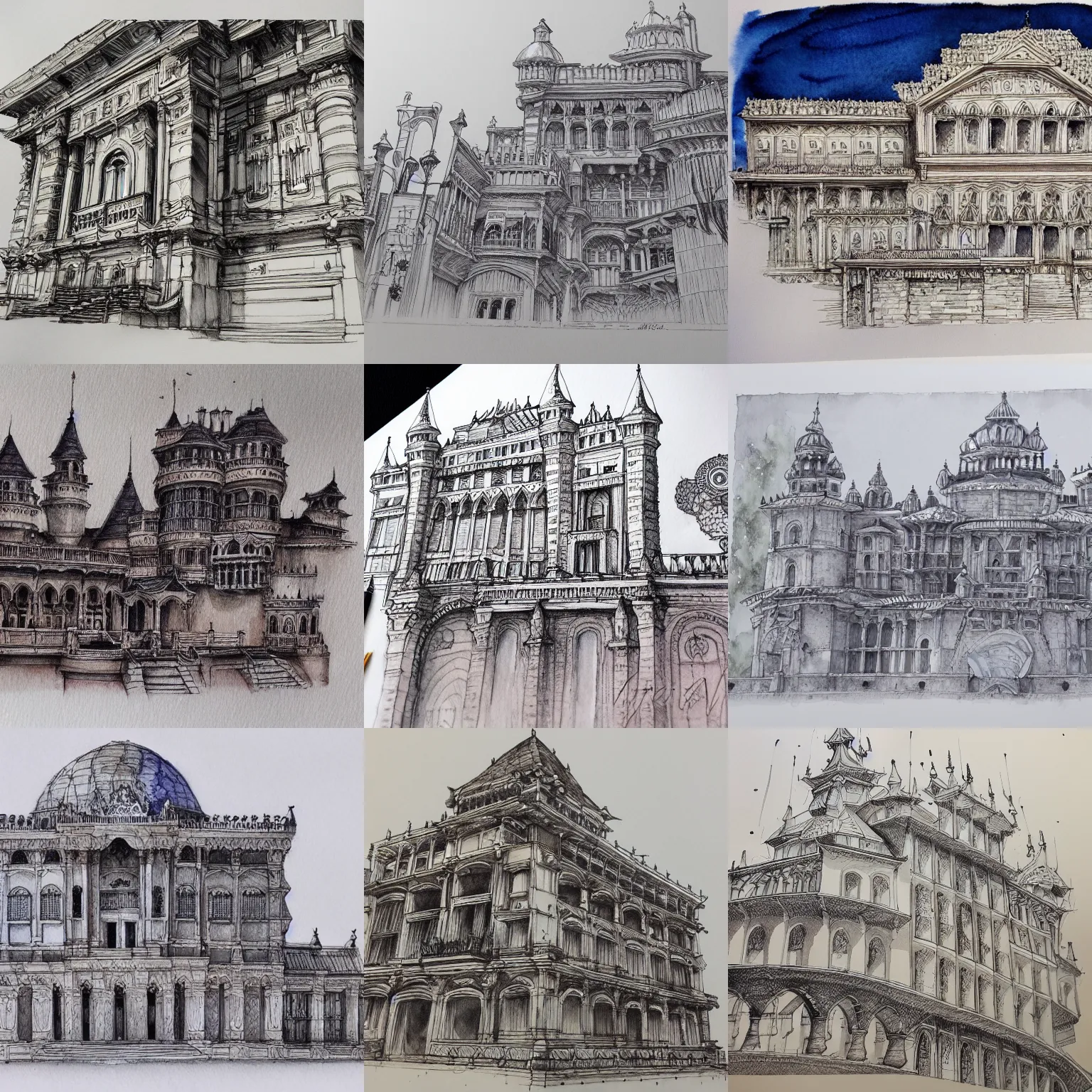 Prompt: beautiful aesthetic inspirational masterful professional ink pen and watercolor sketch of a palace, ultra detailed, fine details, trending on artstation, high quality paper