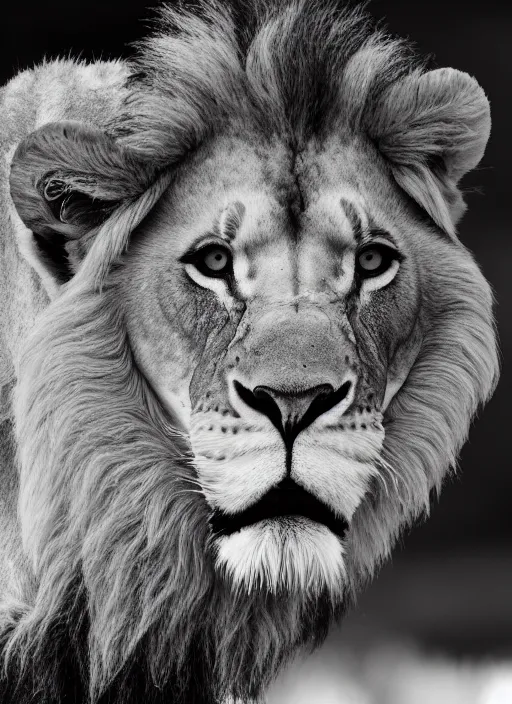 Image similar to close up lion and lioness black and white portrait white sky in background