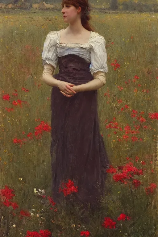 Image similar to Solomon Joseph Solomon and Richard Schmid and Jeremy Lipking victorian genre painting portrait painting of an beautiful slender cottagecore girl in an open field of flowers, red background