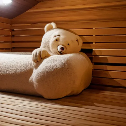 Prompt: a bear is chilling in a sauna