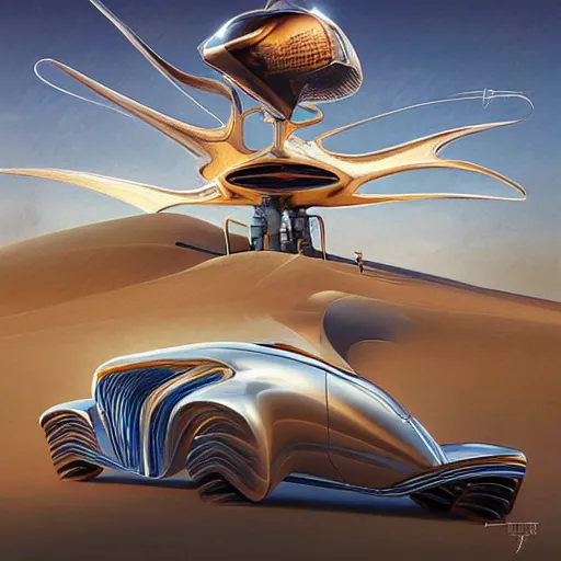 Prompt: futuristic chrome car in desert, ad by tyler edlin and petros afshar and christopher balaskas and marius borgeaud and kiliain eng, atomic age maximalist, art nouveau, well proportioned, highly detailed