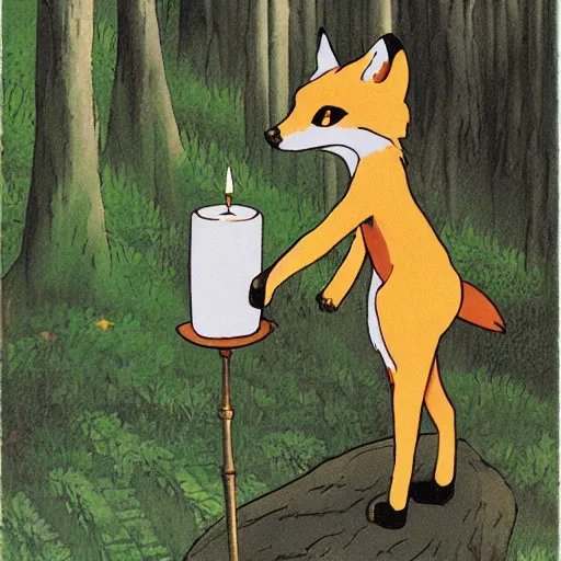 Image similar to a fox humanoid anime character carrying a candle in his hands, the forest, by studio ghibli