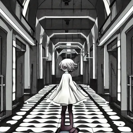 Image similar to a creepy porcelain doll - like woman walking through a bright white staircase with many doors and hallways, mc escher architecture, very detailed background, epic composition, anime key visual, anime style, by makoto shinkai