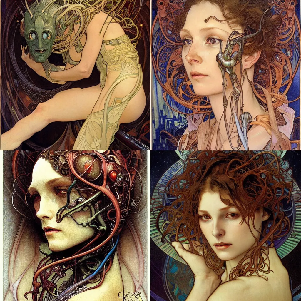 Prompt: realistic detailed face portrait of an insectoid alien by Alphonse Mucha, Amano, Charlie Bowater, Karol Bak, Greg Hildebrandt, Jean Delville, and Mark Brooks, Art Nouveau, Neo-Gothic, gothic, rich deep moody colors