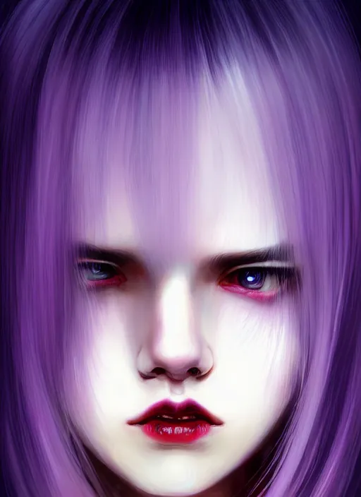 Image similar to hair whitebangs hair, black hair, whitebangsblackhair, portrait of teenage girl with white bangs, red irises, purple clothes, white bangs, bangs are different color from hair, intricate, elegant, glowing lights, highly detailed, digital painting, artstation, concept art, sharp focus, illustration, art by wlop, mars ravelo and greg rutkowski