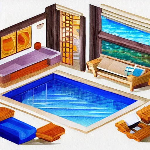 Prompt: an isometric painting of a beautiful interior design, beach, resort,