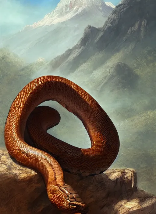 Prompt: mountain desert boa, a huge snake beast, digital painting, trending on artstation, concept art, sharp focus, illustration, award winning photograph, art by artgerm, greg rutkowski, and magali villeneuve