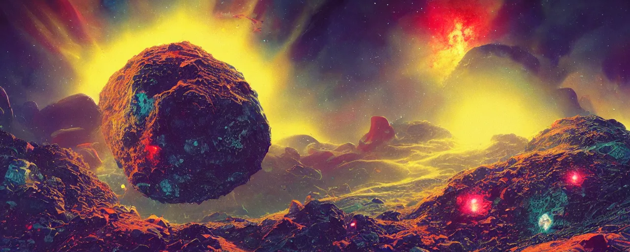 Prompt: ” asteroid made of shiny blood, [ shards, facets, by paul lehr, cinematic, detailed, epic, widescreen, opening, establishing, mattepainting, photorealistic, realistic textures, octane render ] ”