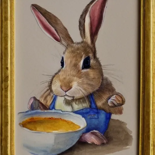 Image similar to a rabbit cooking in a french kitchen, watercolour realism