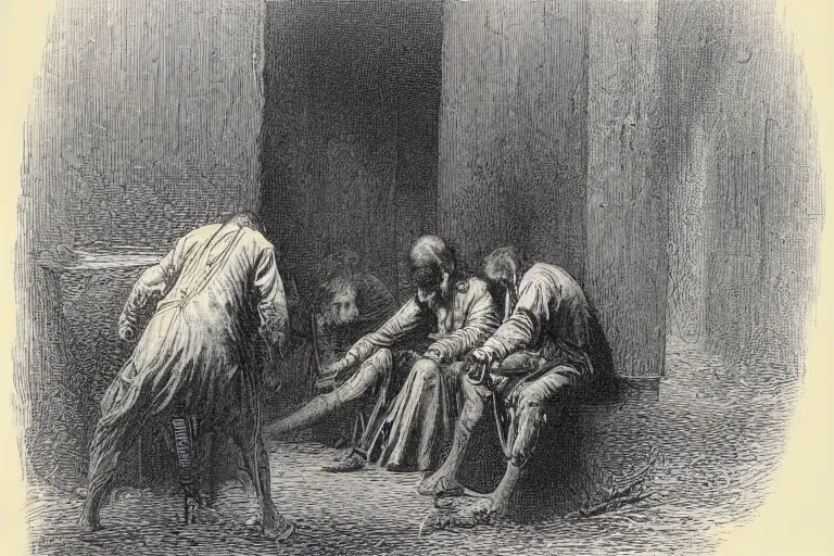 Image similar to taking knife rips, Gustave Dore lithography