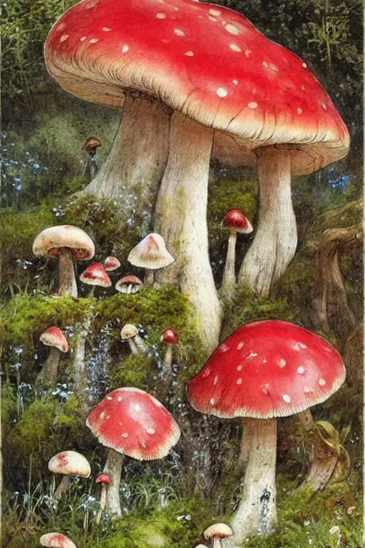 Prompt: hand rendered ( ( ( ( ( 1 9 5 0 s whimsical story book swamp of giant mushrooms, moss and flowers, stream with bridge. muted colors. ) ) ) ) ) by jean baptiste monge!!!!!!!!!!!!!!!!!!!!!!!!! chrome red