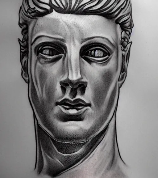 Image similar to tattoo design sketch of the statue of david broken in the middle, in the style of den yakovlev, realistic face, black and white, realism tattoo, hyper realistic, highly detailed, 3 d