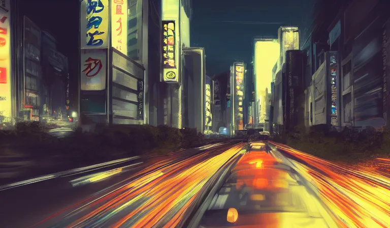 Prompt: wideshot of a car driving in tokyo at night, highly detailed, 4k, deviantart, artstation