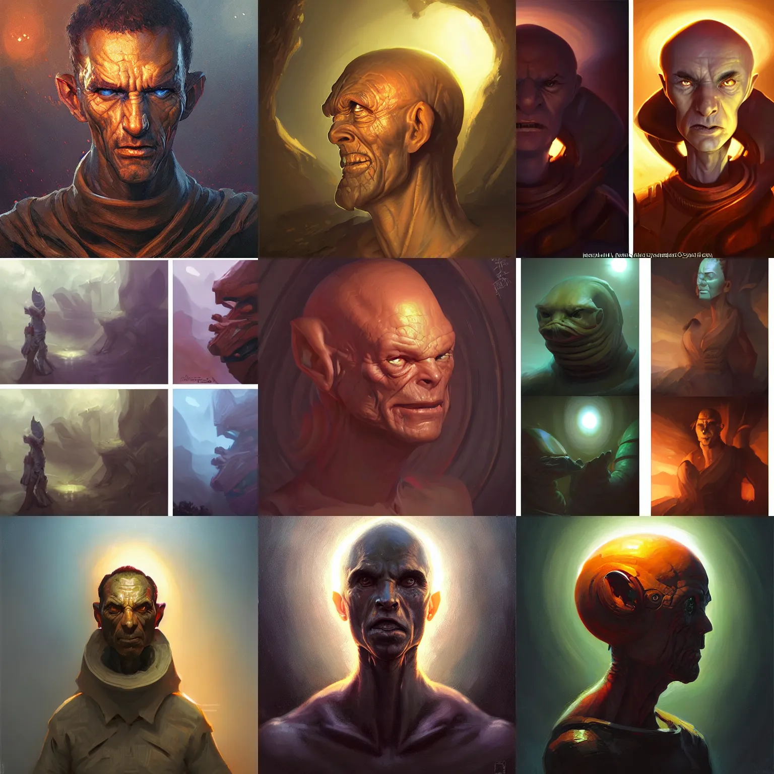 Prompt: three quarter view, extraterrestrial portrait, cultured, friendly, whole head, 3/4 view, dramatic lighting, painted by andreas rocha