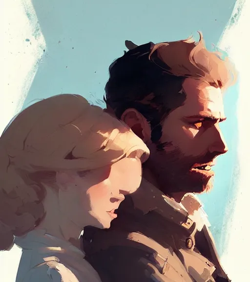 Image similar to portrait of cullen with a beautiful woman he loves by atey ghailan, by greg rutkowski, by greg tocchini, by james gilleard, by joe fenton, by kaethe butcher, dynamic lighting, gradient light blue, brown, blonde cream and white color scheme, grunge aesthetic