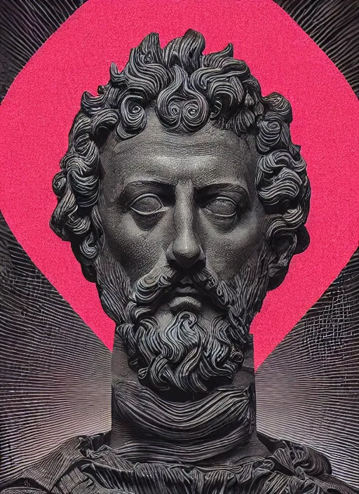 Image similar to dark design poster showing a statue of marcus aurelius, black background with very subtle red and purple design elements, powerful, nekro, vito acconci, thin straight lines, dark, glitch art, neo vaporwave, gritty, layout frame, square, trending on artstation