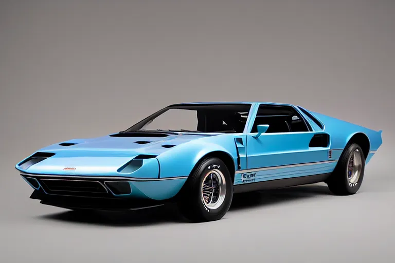 Image similar to designed by giorgetto giugiaro stylized poser of a single 1 9 6 9 fastback mustang ( mk 2 ford gt 4 0 ) 1 9 8 2 firebird transam delorean, large led lights, ektachrome photograph, volumetric lighting, f 8 aperture, cinematic eastman 5 3 8 4 film