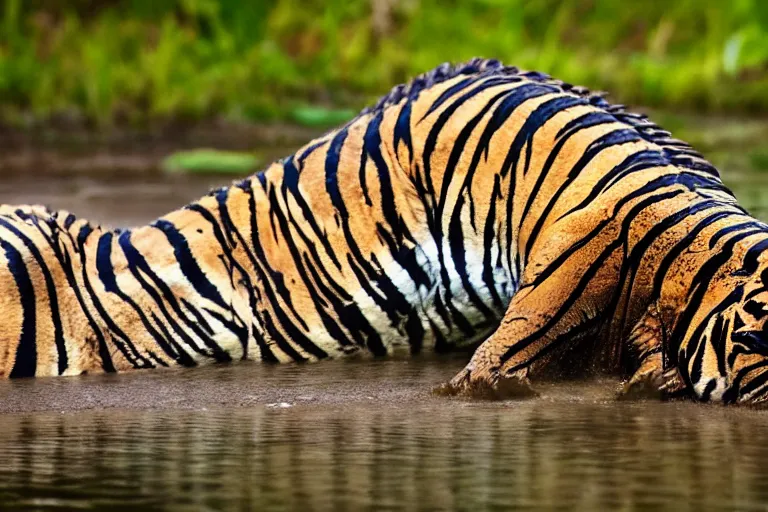 Image similar to an alligator tiger!!! hybrid! hyper realistic!! realistic lighting!! wildlife photographer of the year!!! bold natural colors, national geographic, hd, wide angle, 8 k