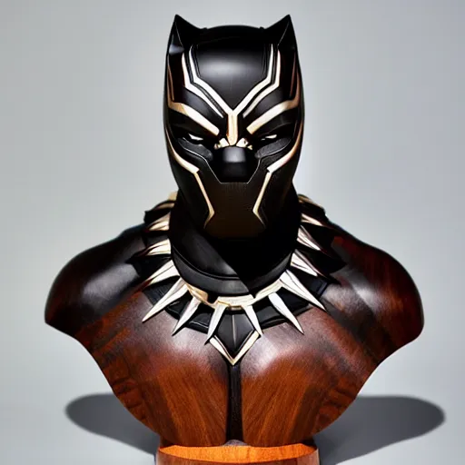 Prompt: a completely made of wood, real - world sculpture bust of the black panther marvel character, made of highly polished walnut wood, polished, cedar, polished tiger - wood. photograph, photographic, 3 5 mm