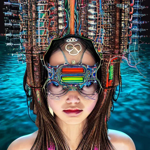 Image similar to deeper into the metaverse we go, piles of modular synth cables, kawaii puerto rican goddess swimming up wearing a headpiece made of circuit boards, by cameron gray, wlop, stanley kubrick, masamune, hideki anno, jamie hewlett, unique perspective, trending on artstation, 3 d render, vivid