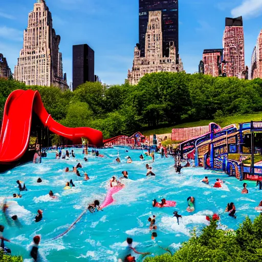 Image similar to highly detailed photo of a large water park with numerous slides and water rides inside of central park. the new york city skyline is shown in the background.