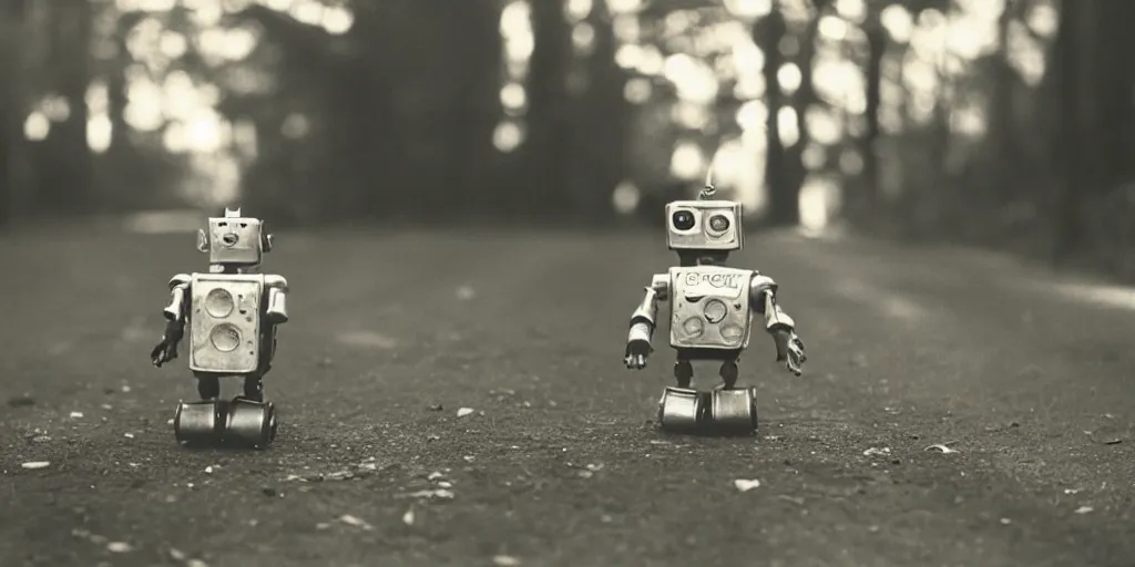 Prompt: small robot on forest road, 1930s photo, bokeh, backlit, long shot