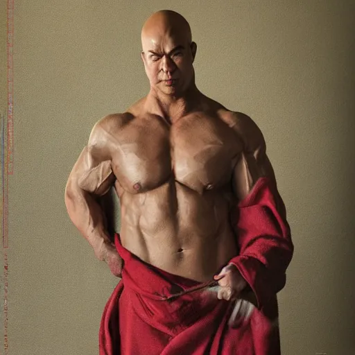 Prompt: bodybuilder bull wearing a monk robes holding incense burner. natural lighting by ruan jia, portrait