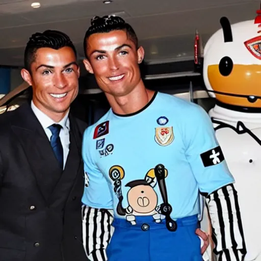 Prompt: cristiano ronaldo wearing a nazi uniform hanging with doraemon in japan