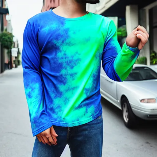 Prompt: vaporwave blue and green long sleeve t shirt