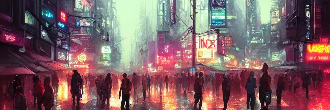 Image similar to overly crowded street of a cyberpunk city, rain, harsh neon lights, highly detailed, digital painting, trending on artstation, concept art, sharp focus, illustration, art by artgerm and greg rutkowski and magali villeneuve