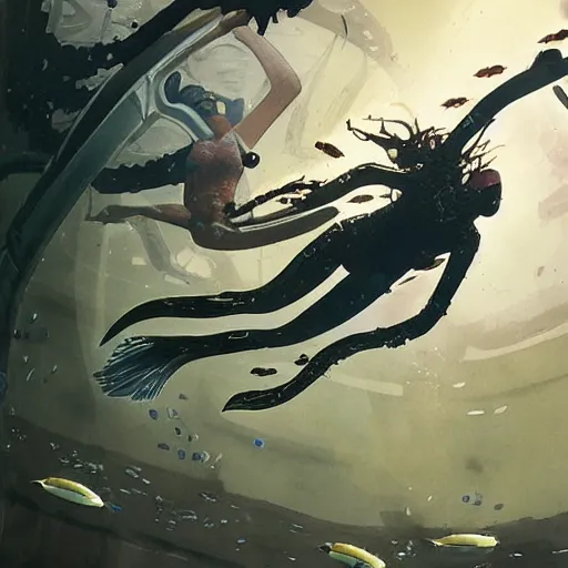 Image similar to woman diving in an alien aquarium, kelp, coral, solar rays, cyberpunk, realistic, detailed, Industrial Scifi, paint, watercolor, in the style of Ashley Wood and Wadim Kashin