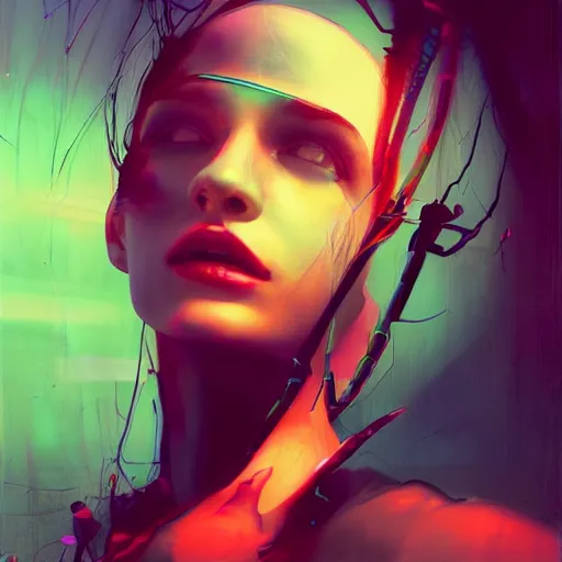 Prompt: 3 d, sci - fi, morning, sleepy fashion model face, sun, neon, cinematic, lightning clouds, vogue cover style, poster art, deep red and deep blue mood, realistic painting, intricate oil painting, high detail, figurative art, multiple exposure, poster art, 3 d, by tooth wu and wlop and beeple and greg rutkowski