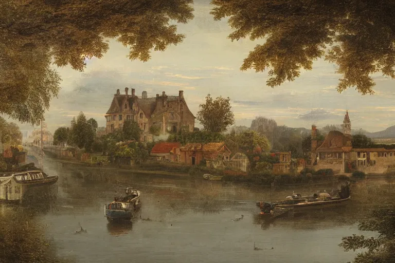 Prompt: realistic photo of a tudor style detached house, skyscrapers on the background, a river flowing through the scene, houseboat in the foreground, dusk