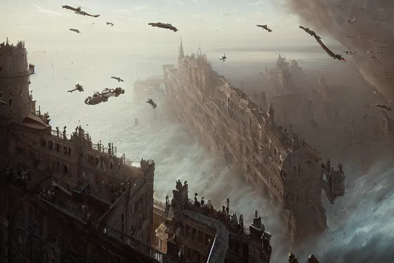 Image similar to people FLYING ON BIRDS, over the ocean, towards a GIGANTIC wall, protecting the city from black mist, cinematic, greg rutkowski, detailed, intricate