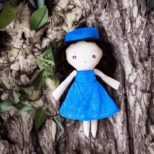 Image similar to blue'snappy gifts doll'in magical forest, gifts, dark atmosphere, high detail, soft lighting, 8 k