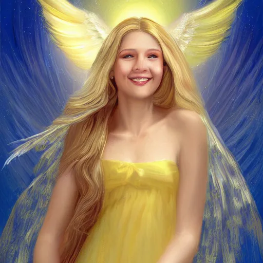 Prompt: a painting of an angel, a young woman with long blond hair and a halo smiling in heaven, highly detailed, digital art