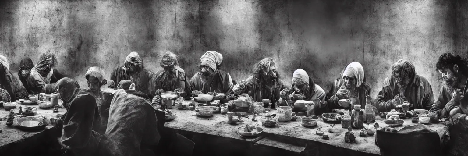 Prompt: Award Winning Editorial 84° wide-angle picture of a Tramps with bowed heads in a Soup Kitchen by David Bailey and Lee Jeffries, called 'The Last Supper', 85mm ND 5, perfect lighting, gelatin silver process