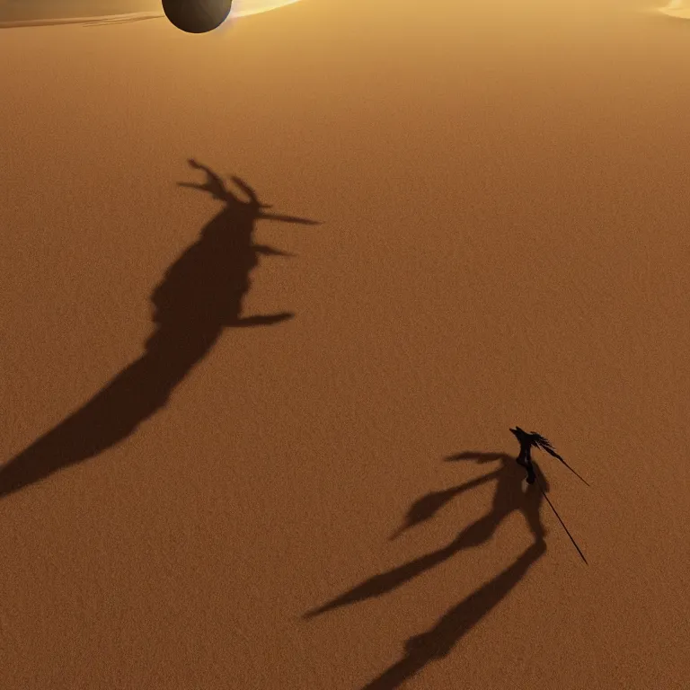 Prompt: detailed silhouette of Archangel Raphael with detailed feathered metallic wings and sword, desert planet orbited by three moons, highly detailed dunes, highly detailed rock formations, sand storm, low camera angle, atmospheric establishing shot, cinematic lighting, octane renderer, 4k,