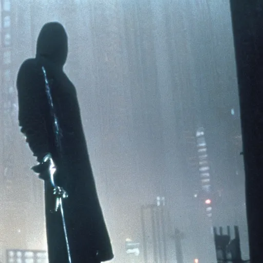 Image similar to the grim reaper. still from blade runner.