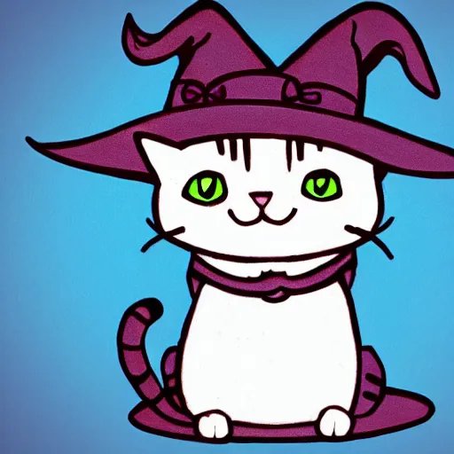 Image similar to drawing of a cat using witch hat. cartoon. cute. anime style.