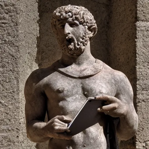 Image similar to An ancient roman sculpure of a man holding a phone, realistic, ultra high detail, 8k.