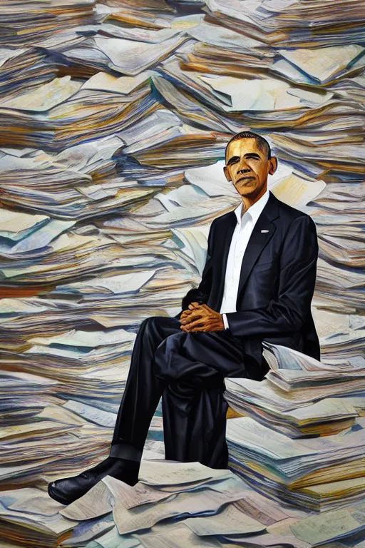 Image similar to obama nervous standing next to a mountain of papers, oil on canvas, intricate, portrait, 8 k highly professionally detailed, hdr, cgsociety