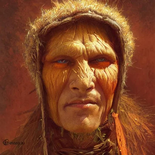 Image similar to a warrior made of wicker and gourds, pumpkin head, autumnal, fantasy character portrait by gaston bussiere, craig mullins