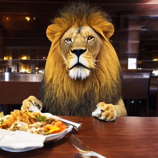 Image similar to a lion sitting at a restaurant eating dinner