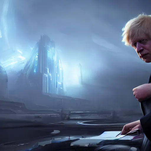 Prompt: Boris Johnson, sharp focus, sci fi, octane render, volumetric lighting, 8k high definition, by greg rutkowski, highly detailed, trending on art Station