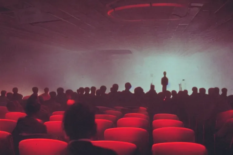 Image similar to back of a man facing a dark conference hall, people cheering at the atmospheric and obscure, red neon light, by roger deakins, cinematography, syd mead