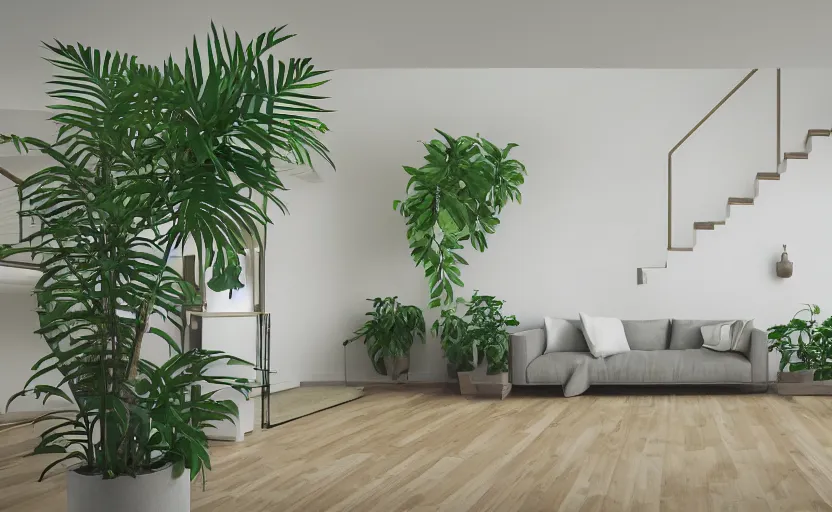 Image similar to empty room, a staircase, big widescren tv screen in the middle, indoor plants, open shiny floor, v - ray render, high contras