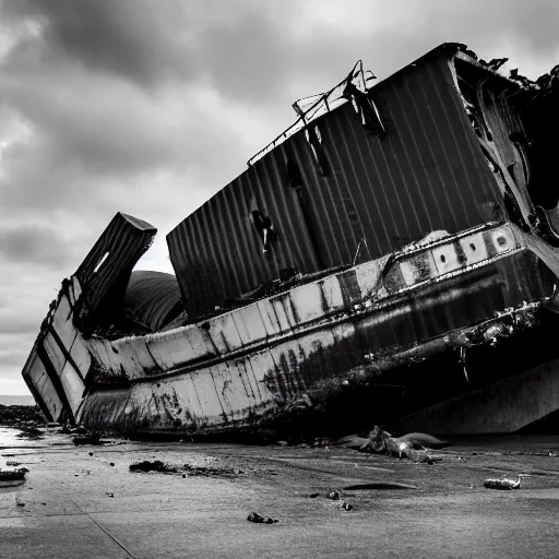 Image similar to crashed cargo ship leaking mysterious black gooey liquid, mysterious black slime, black gooey liquid leaking out of crashed cargo ship, apocalyptic, ruined, container ship, crashed, 8 5 mm f / 1. 4