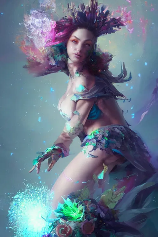 Prompt: beautiful girl necromancer covered with crystals exploding rainbow, 3 d render, hyper realistic detailed portrait, holding magic leaves, ruan jia, wlop. scifi, fantasy, hyper detailed, octane render, concept art, peter mohrbacher